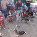 Niños y padres del centro infantil Goofy de excursión en el parque con patos.