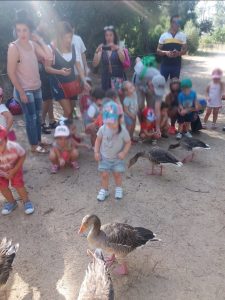 Niños y padres del centro infantil Goofy de excursión en el parque con patos.